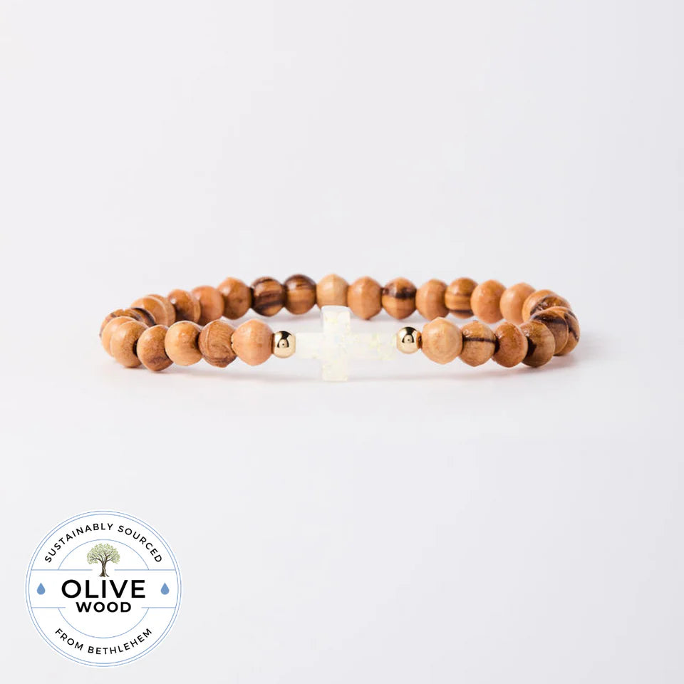 Olive Wood Cross Holy Water Bracelet