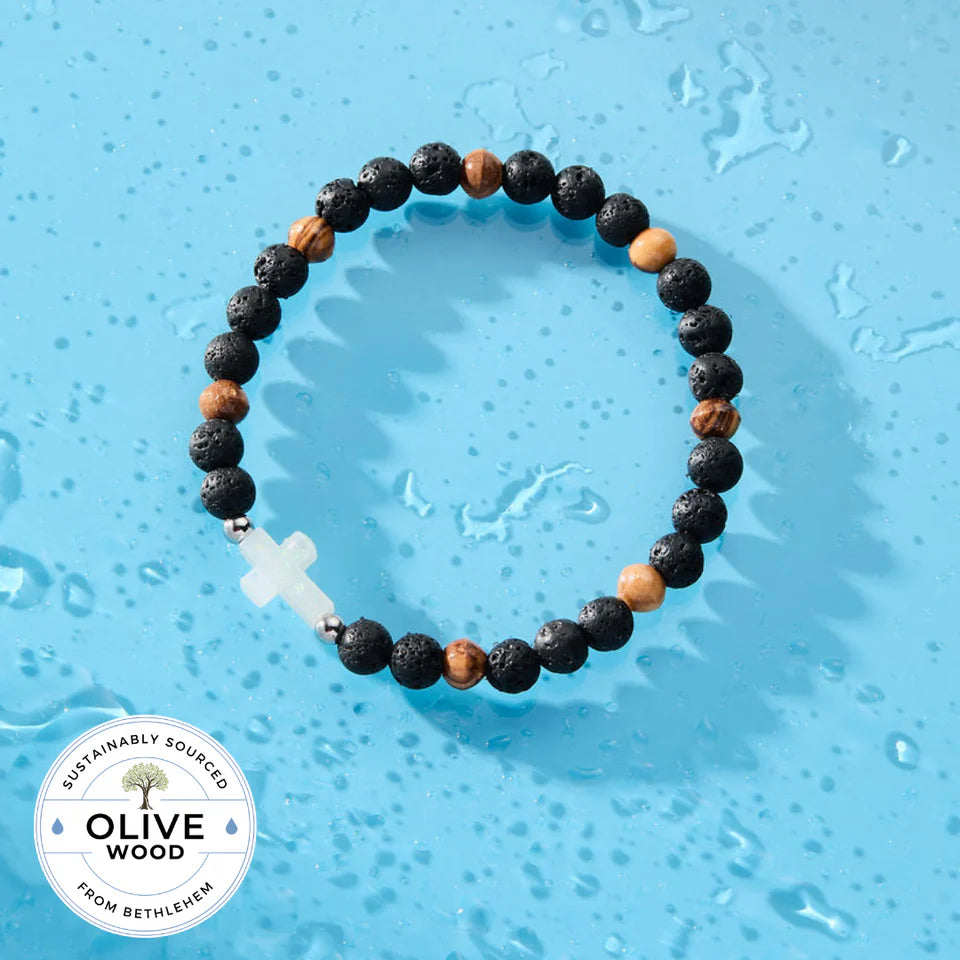 Men&#39;s Olive Wood Lava Rock Cross Holy Water Bracelet