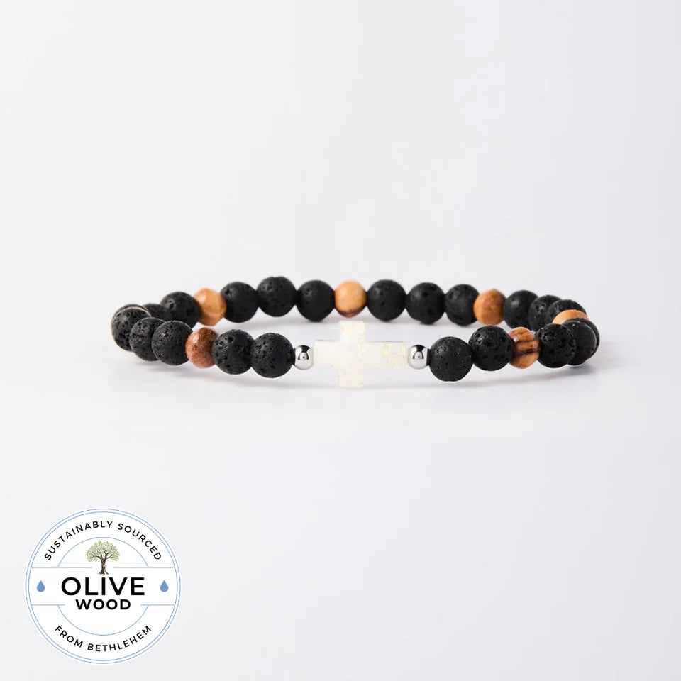 Men&#39;s Olive Wood Lava Rock Cross Holy Water Bracelet