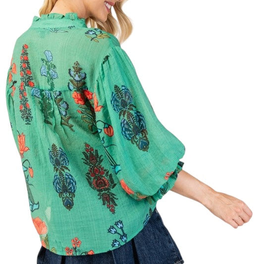 Green Floral Blouse w/ Puff Sleeve