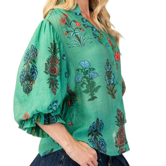 Green Floral Blouse w/ Puff Sleeve