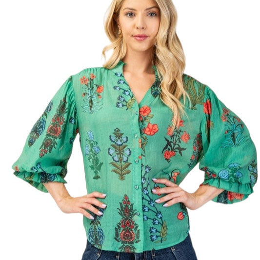 Green Floral Blouse w/ Puff Sleeve