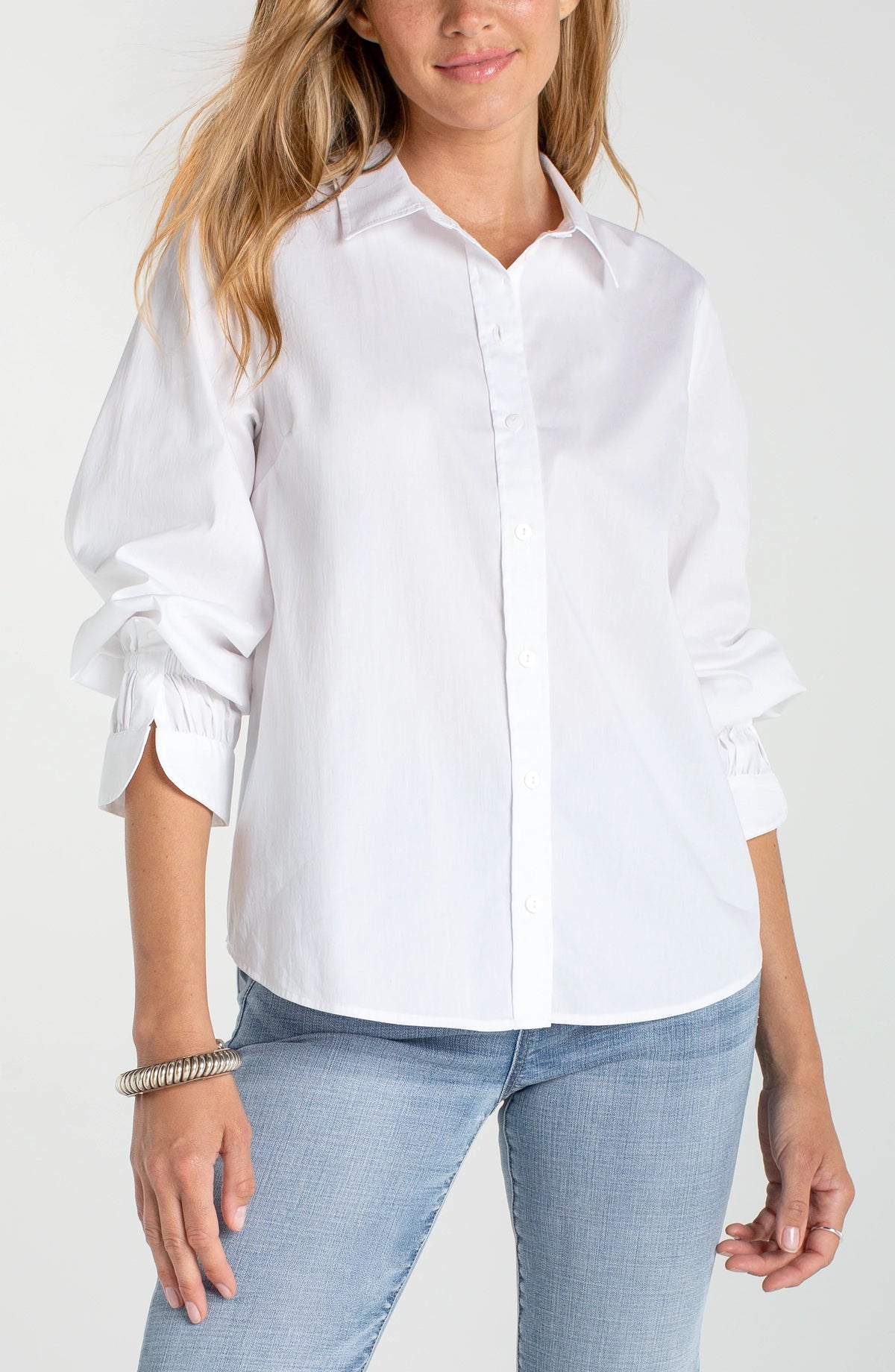 White Adjustable Sleeve Button Front Woven Top