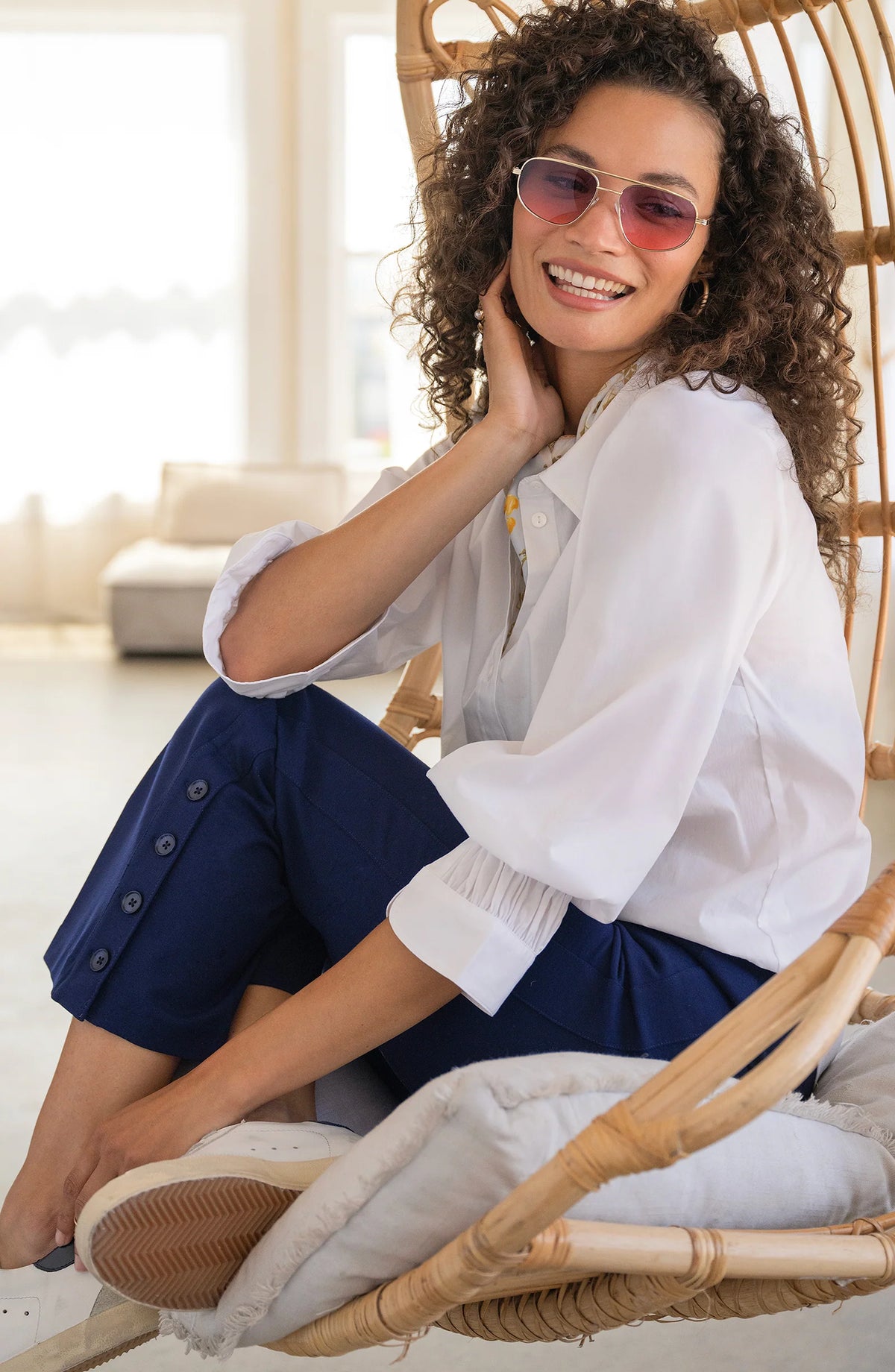 White Adjustable Sleeve Button Front Woven Top