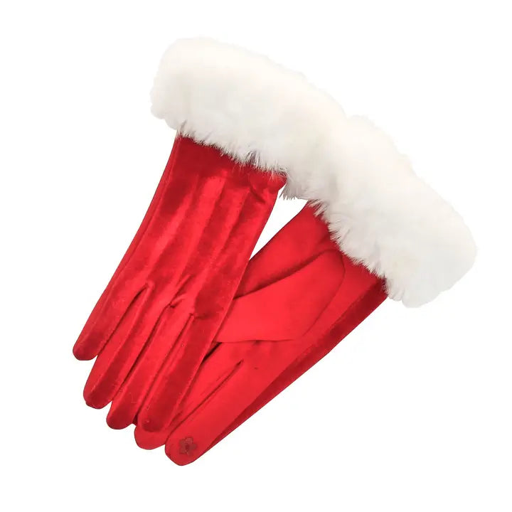 Red & White Velvet Fur Cuff Gloves