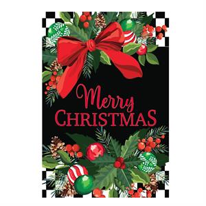 Floral Checkered Merry Christmas Applique Garden Flag