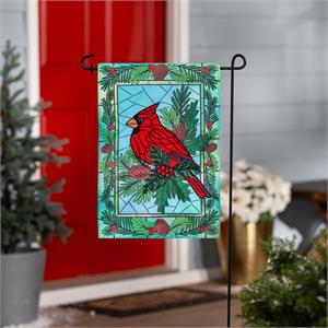 Stained Glass Winter Cardinal Applique Garden Flag