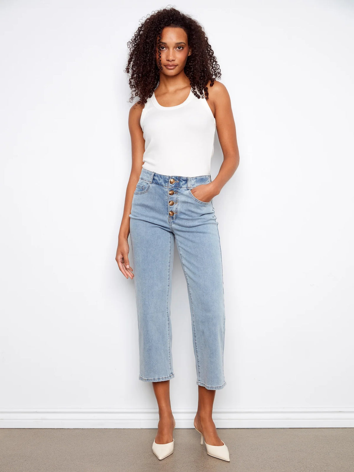 Front Button-Fly Crop Jeans
