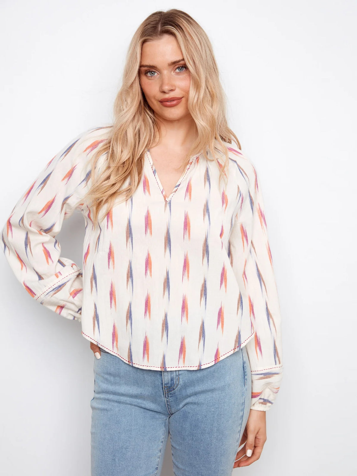 Ikat Print Cotton Raglan Blouse