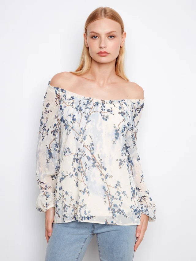 Floral Print Eyelet Off-Shoulder Blouse