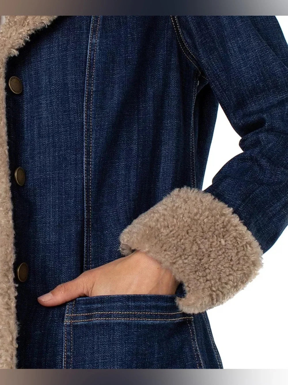 Sherpa Trimmed Long Denim Jacket