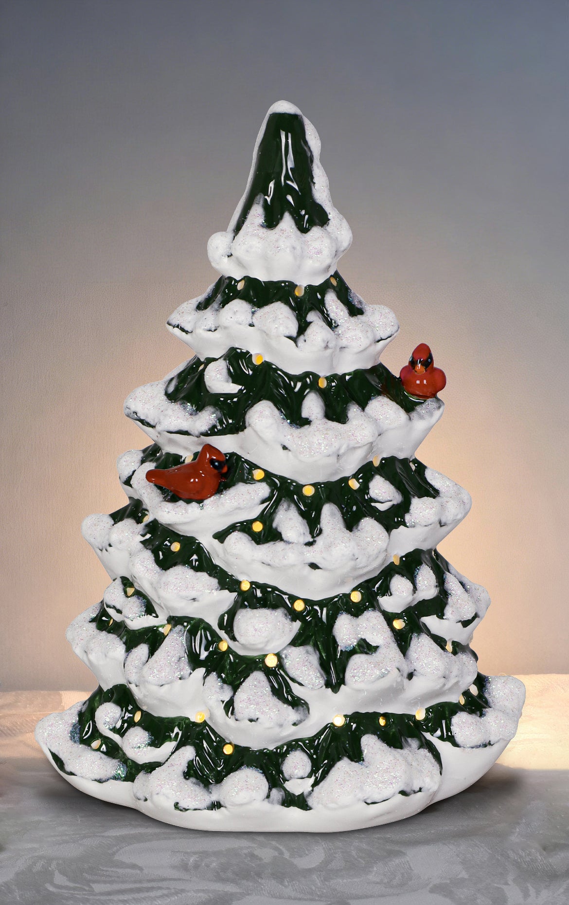 Ceramic LED Pine Tree w/ Cardinal