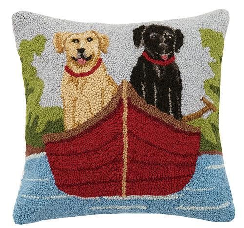 Lab Dogs On Canoe Hook Pillow
