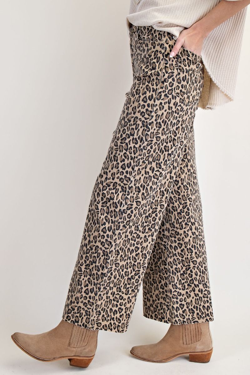 Easel Animal Print Washed Twill Pants Camel