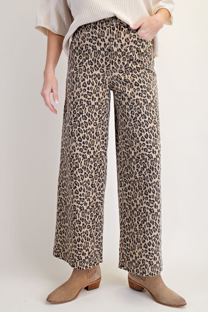 Easel Animal Print Washed Twill Pants Camel