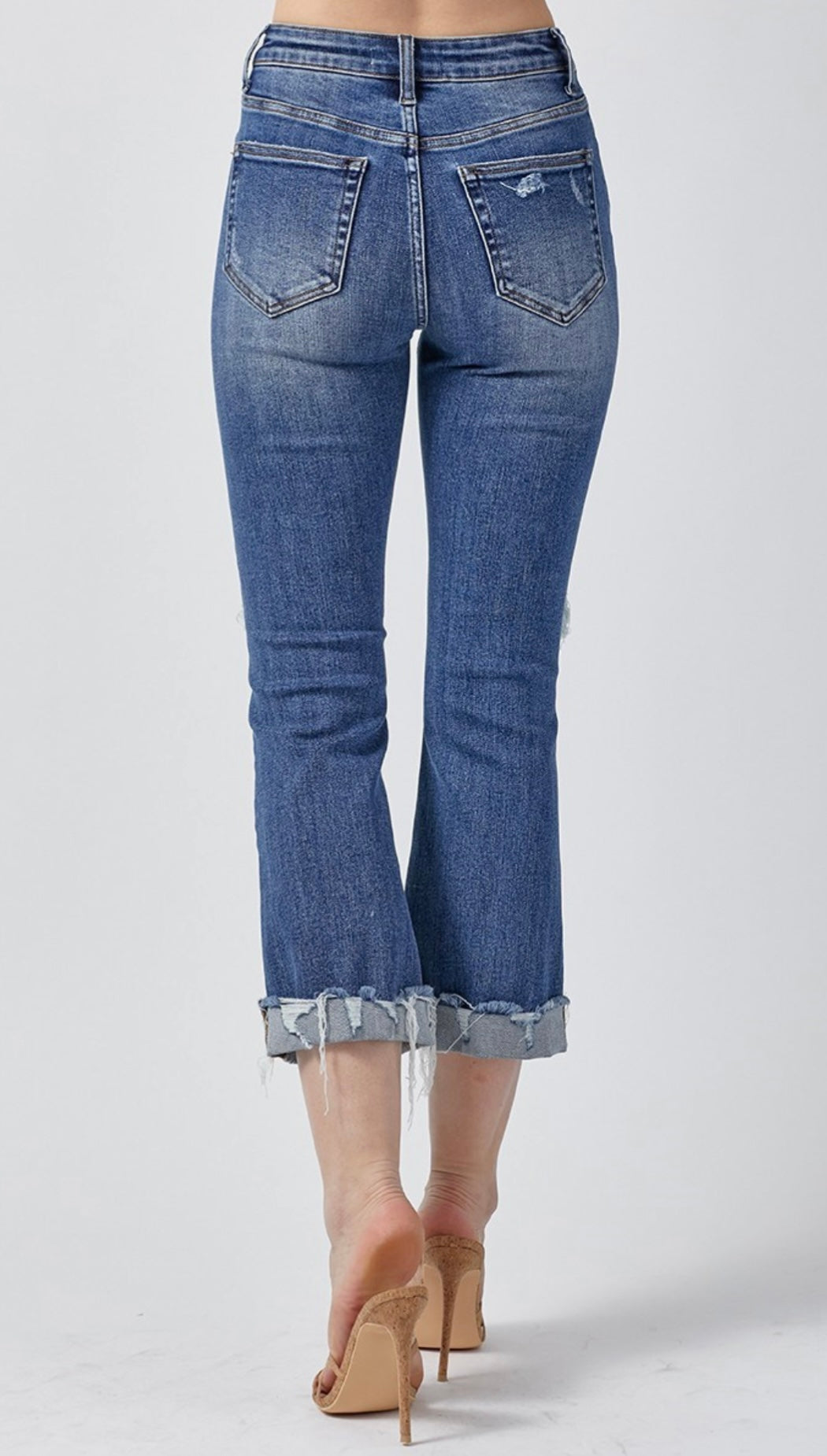 Medium Distressed Ankle Bootcut Capri Jeans w/ Cuff