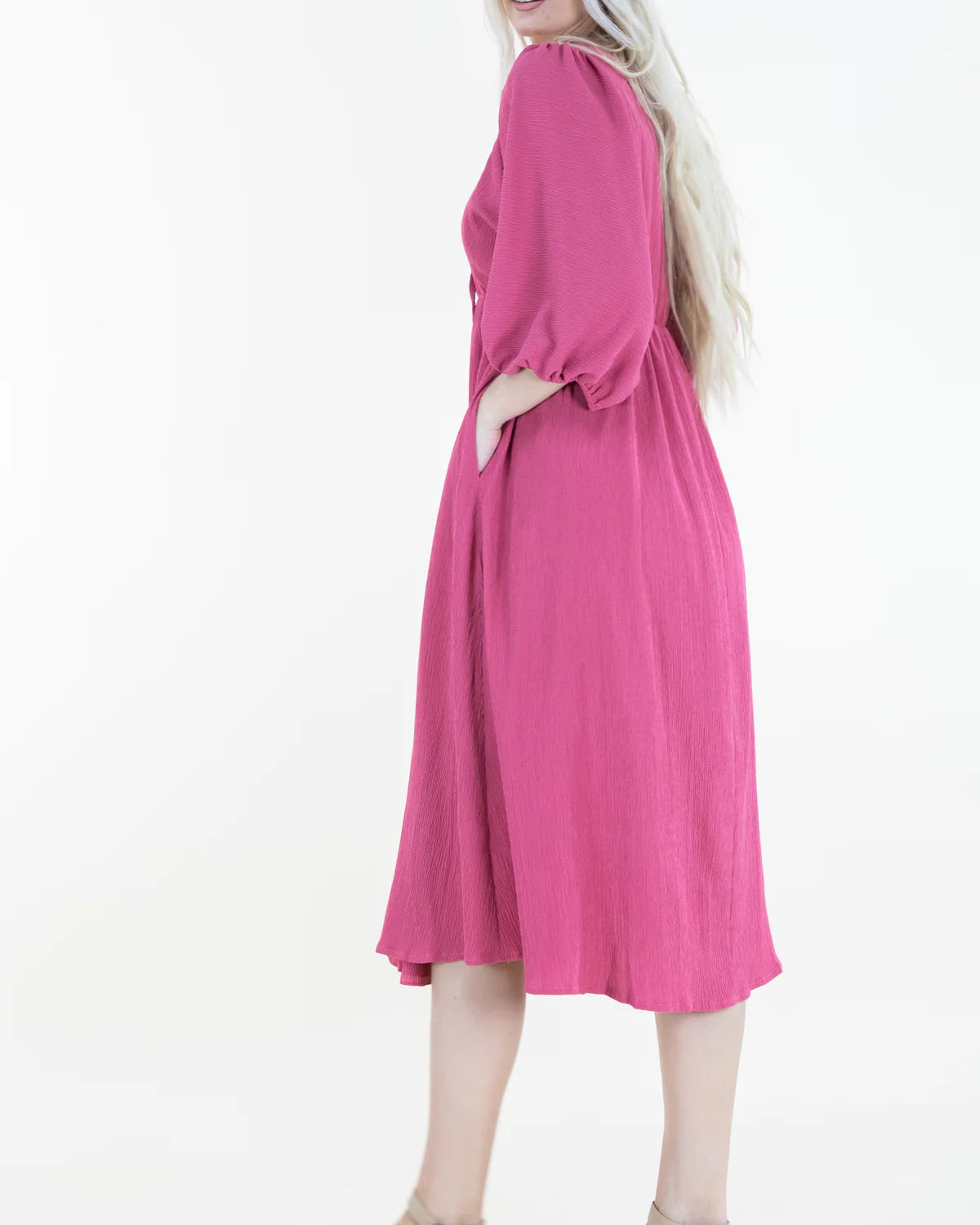 Fuchsia Empire Waist Crinkle Textured Midi Dress