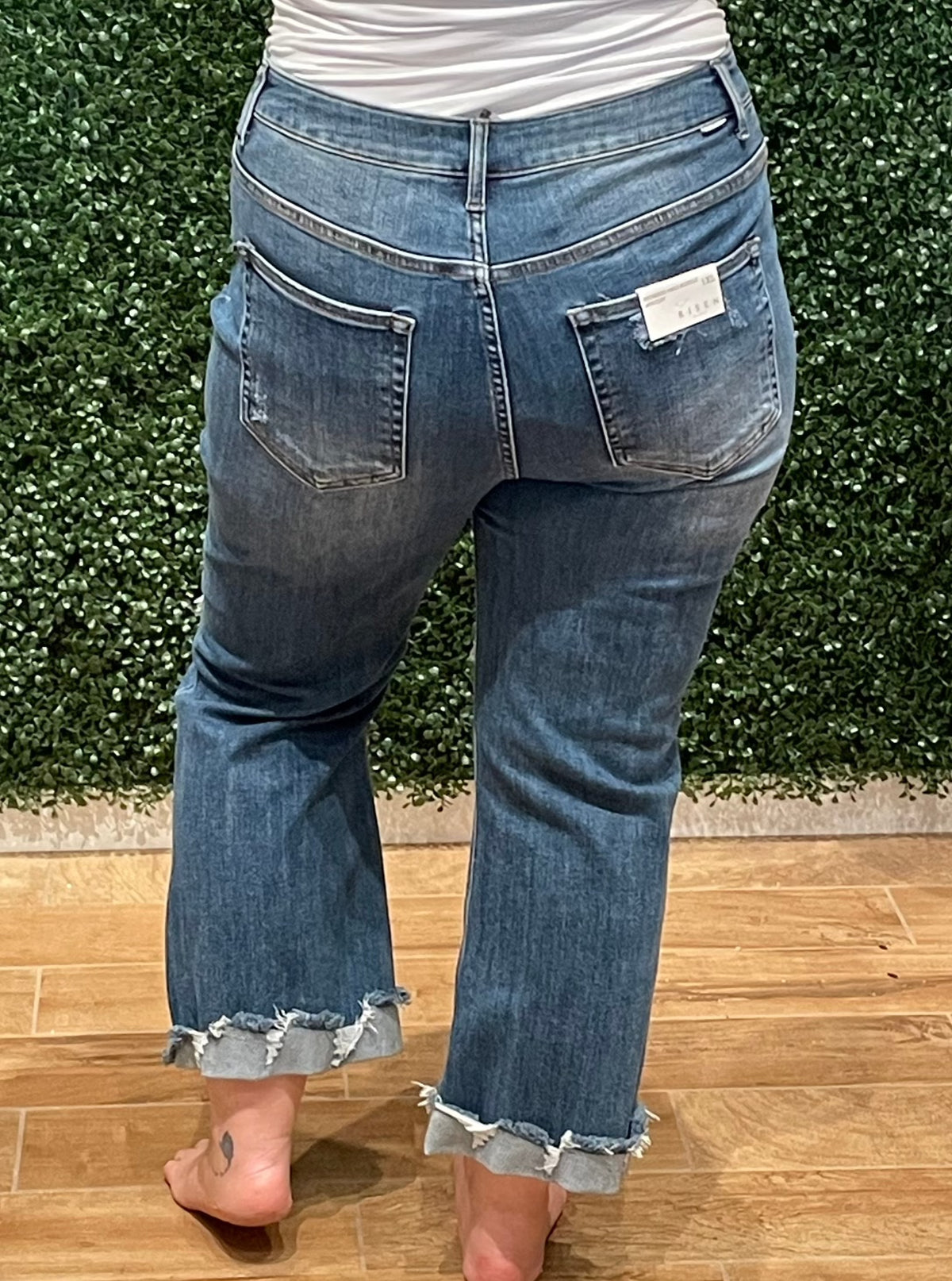 Plus Size Distressed Ankle Bootcut Capri Jeans w/ Cuff