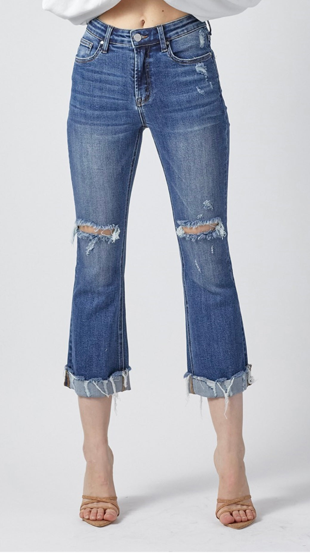 Plus Size Distressed Ankle Bootcut Capri Jeans w/ Cuff