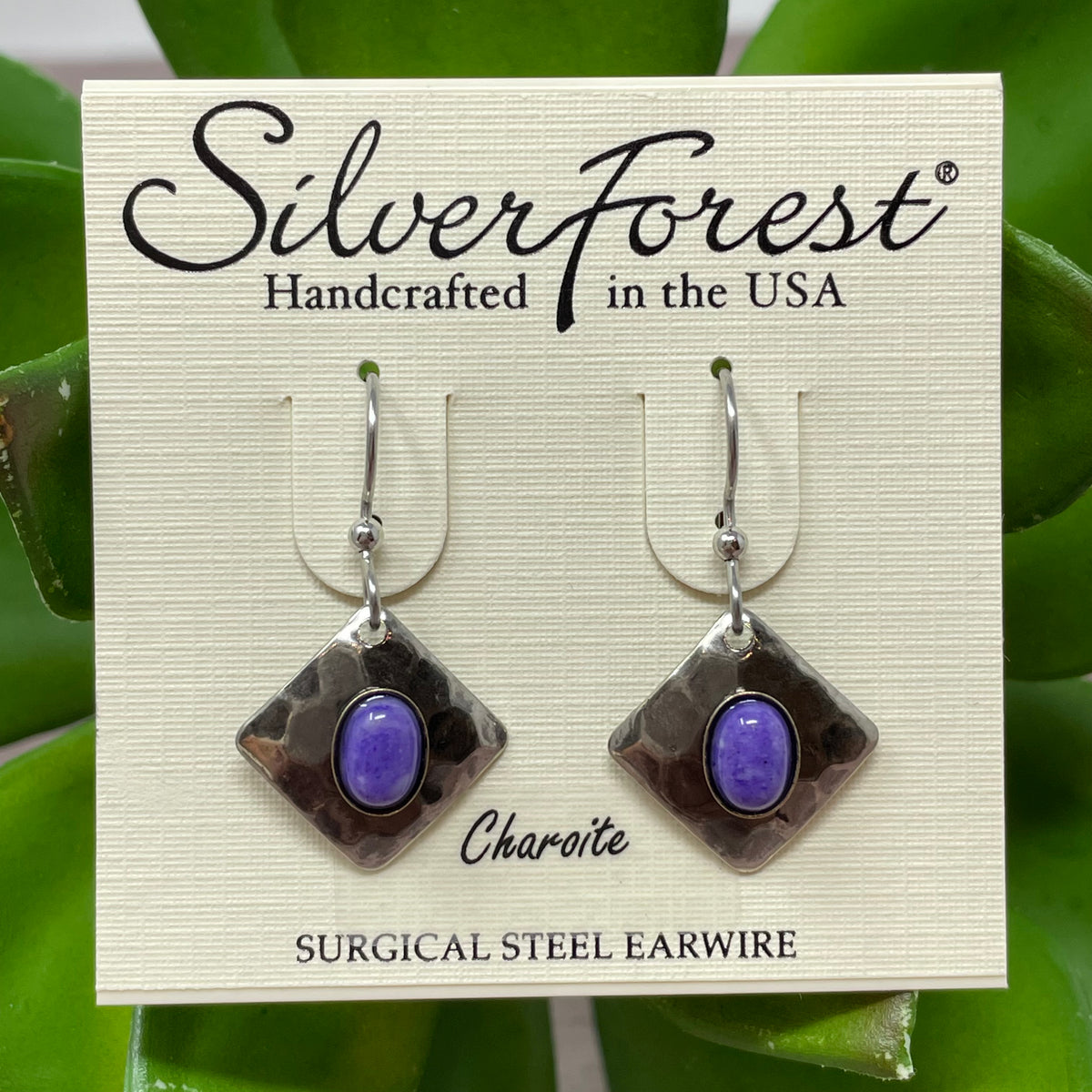 Silver Hammered Diamond w/ Cab Earrings