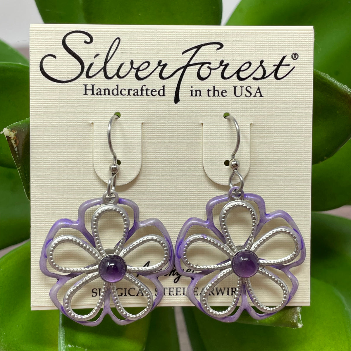 Silver Open Flower &amp; Stone Earrings