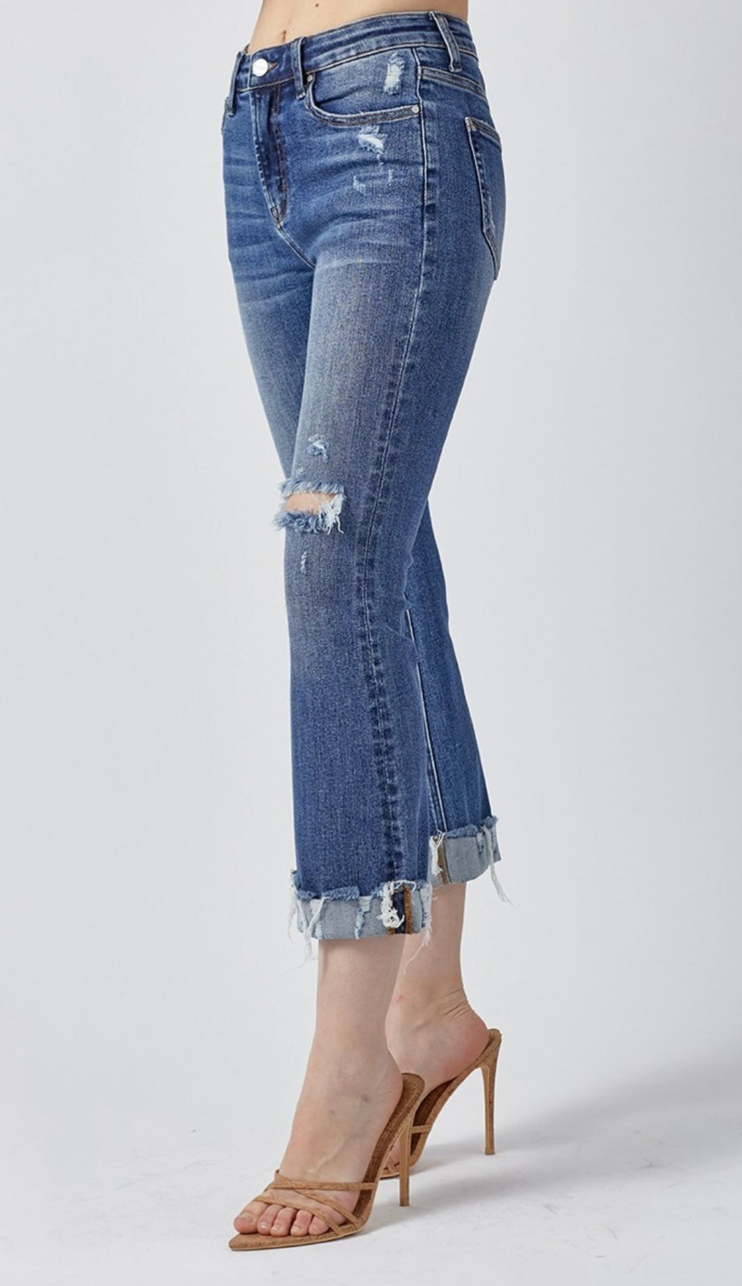 Medium Distressed Ankle Bootcut Capri Jeans w/ Cuff