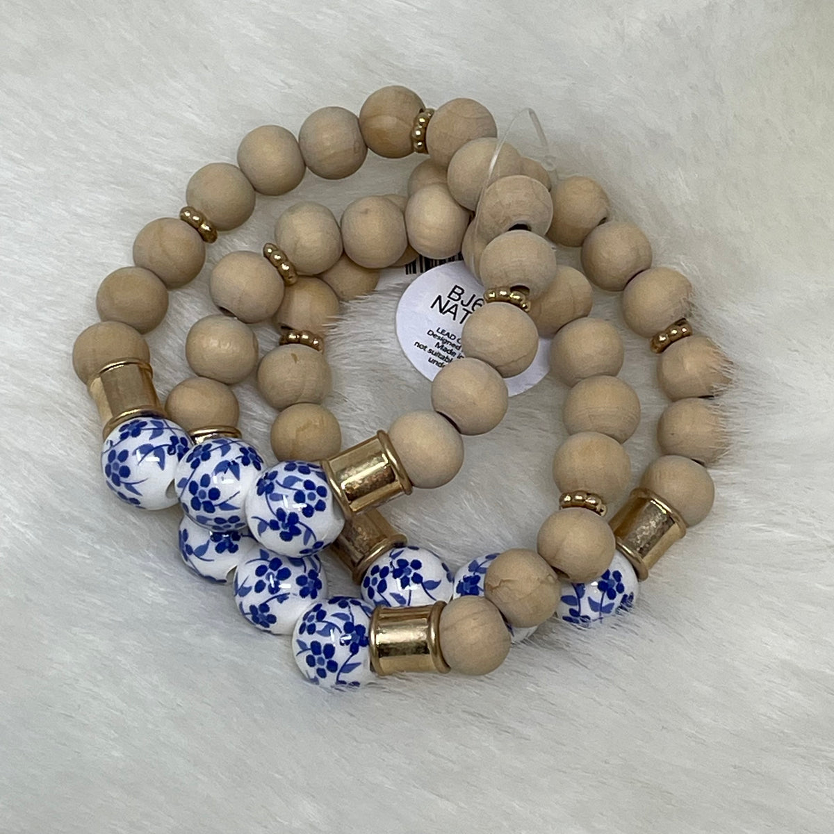 Wood &amp; Blue Flower Ceramic Bead Bracelet