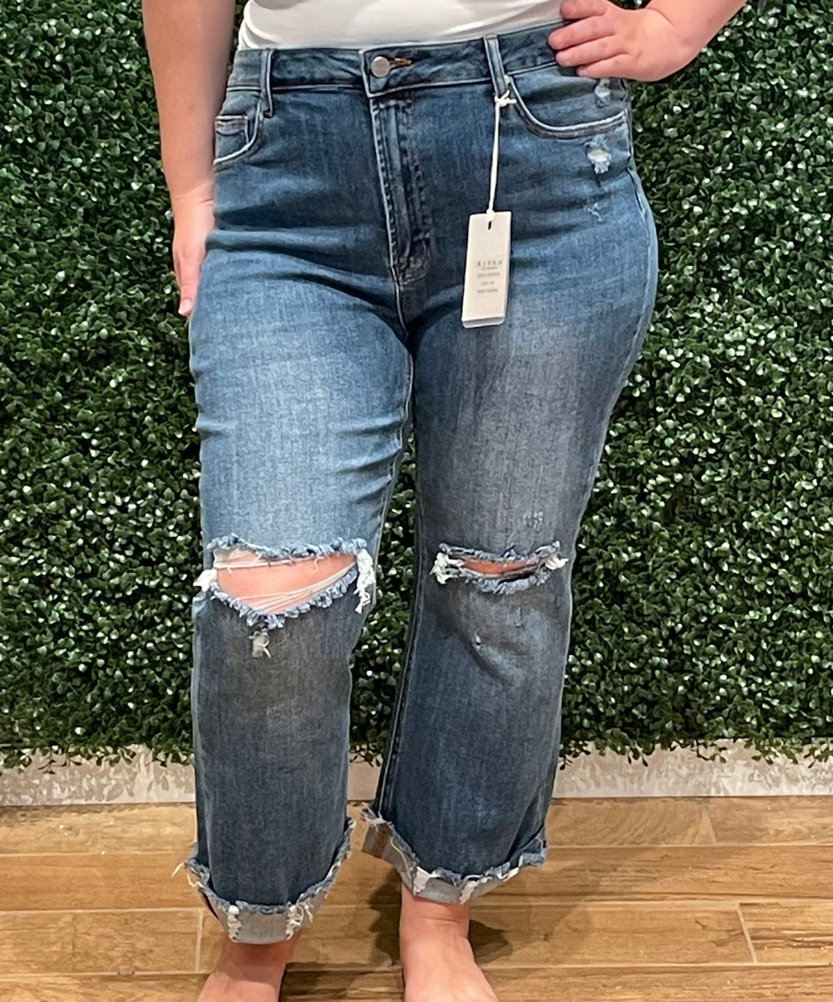 Plus Size Distressed Ankle Bootcut Capri Jeans w/ Cuff