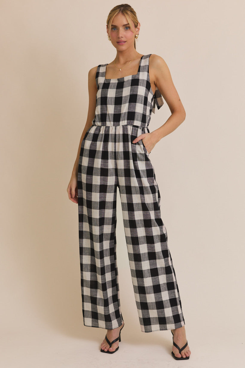 Square Neck Tie Strap Gingham Jumper