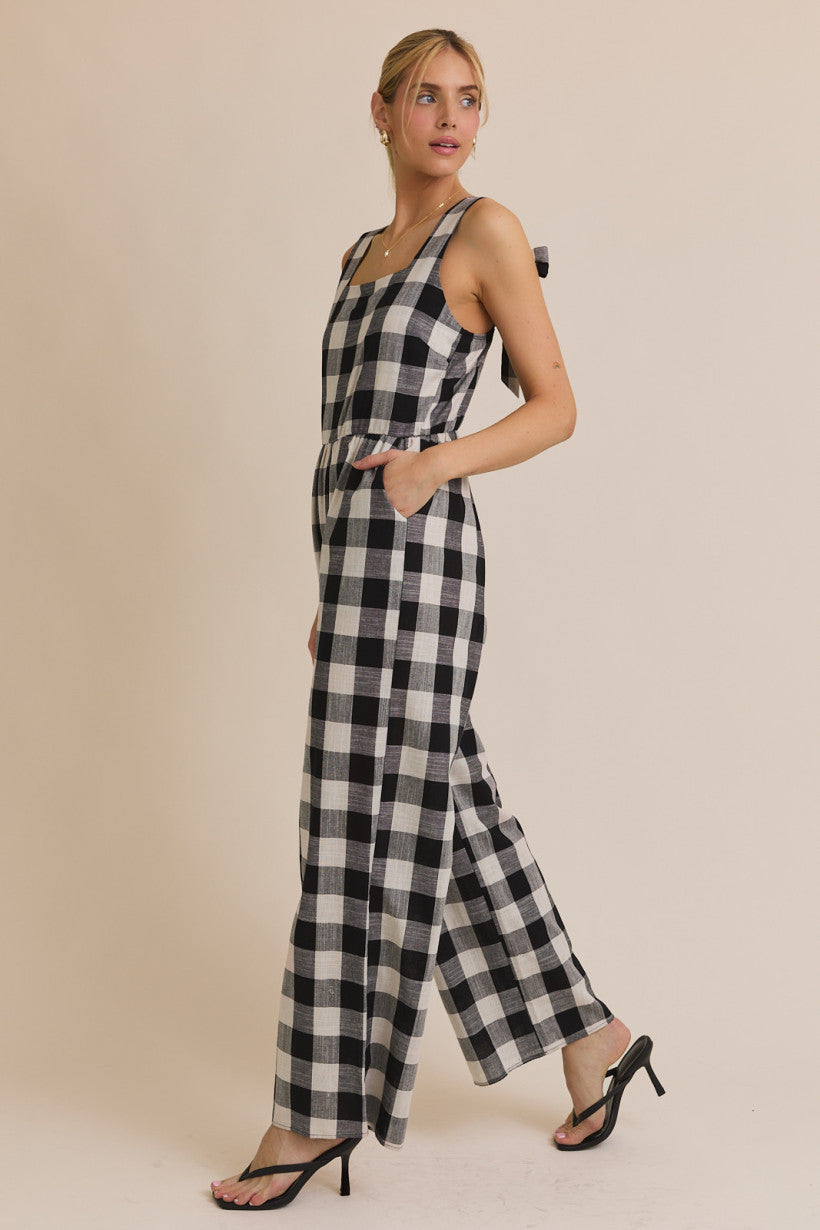 Square Neck Tie Strap Gingham Jumper