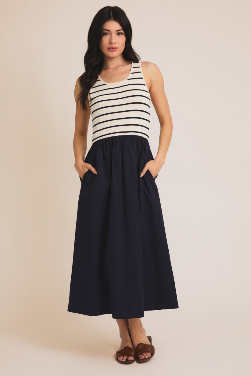 Cream/Navy Stripe Scoop Neck Woven Dress