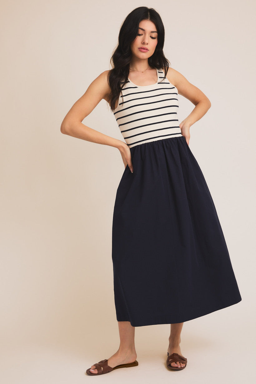 Cream/Navy Stripe Scoop Neck Woven Dress
