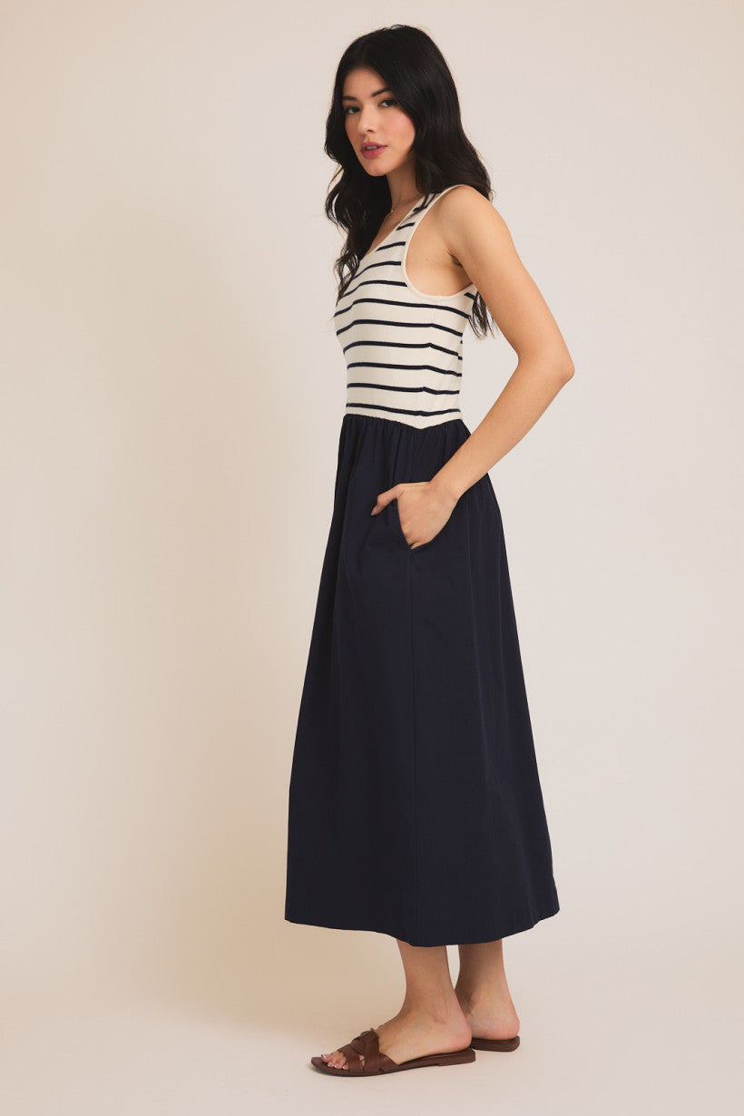 Cream/Navy Stripe Scoop Neck Woven Dress