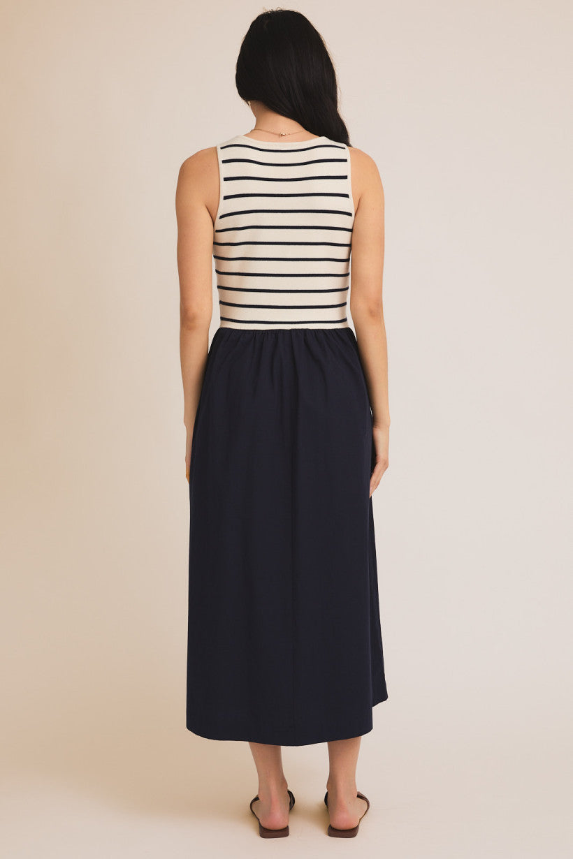 Cream/Navy Stripe Scoop Neck Woven Dress