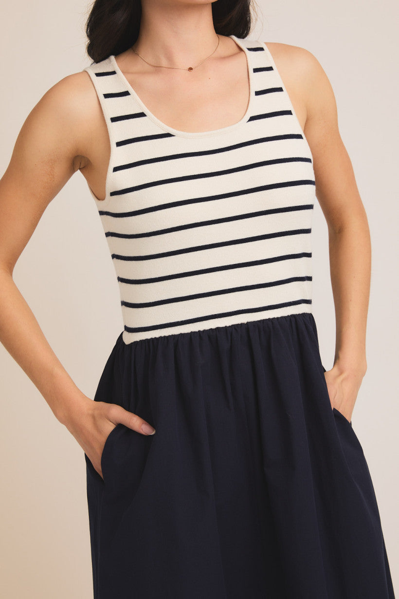 Cream/Navy Stripe Scoop Neck Woven Dress