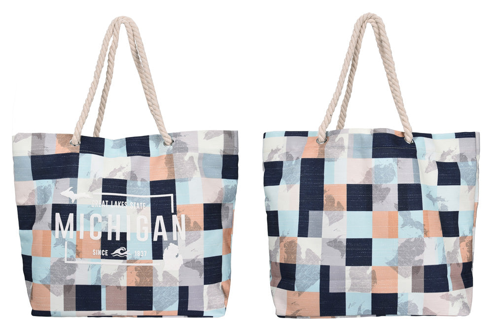 Michigan Blue &amp; Tan Checkered Beach Bag