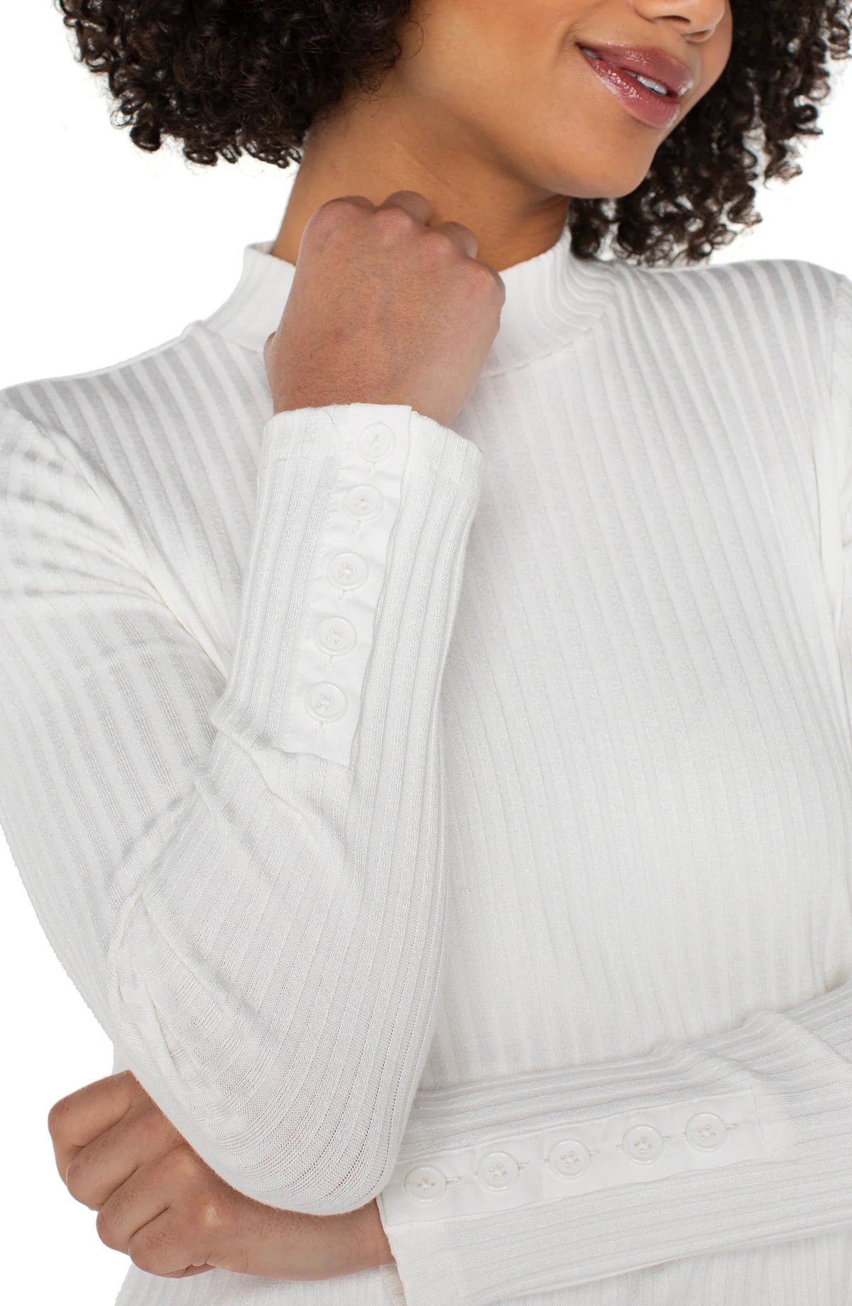 Liverpool Long Sleeve Mock Neck Knit Top w/Button Detail