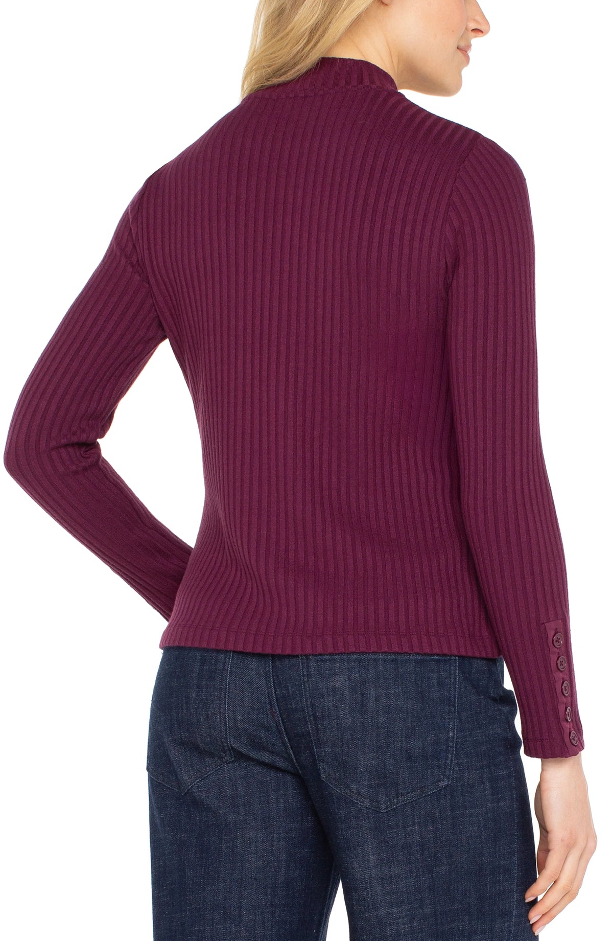 Liverpool Long Sleeve Mock Neck Knit Top w/Button Detail