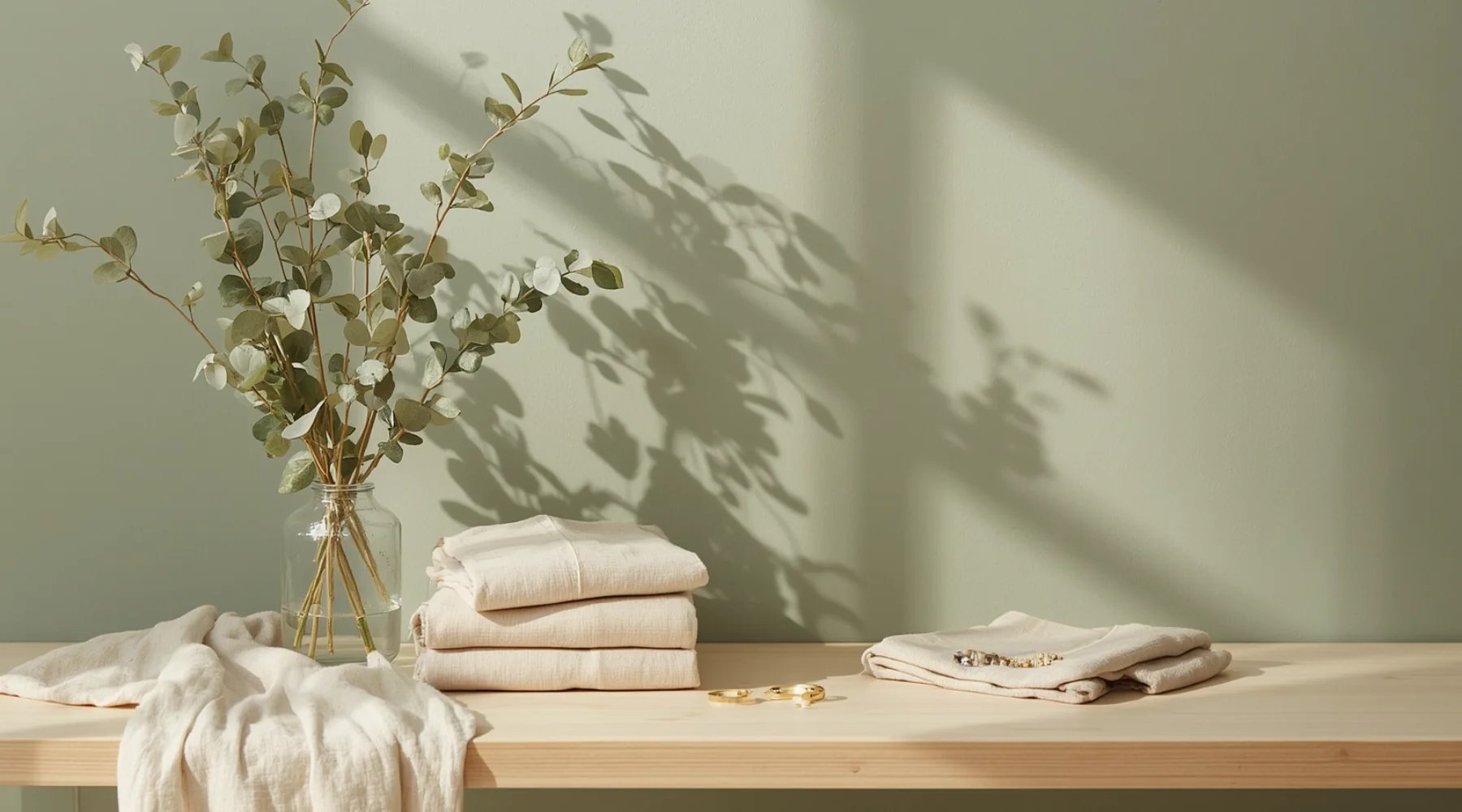 Eucalyptus branches casting soft shadows on a sage wall