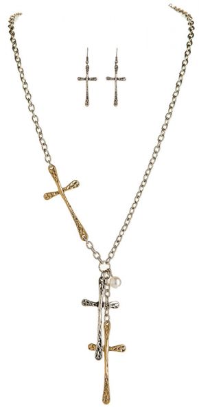 Two Tone Hammered Cross Necklace Set