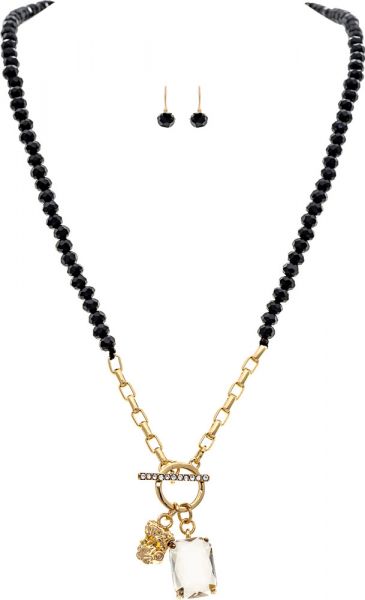 Gold Black Bead Quartz Pendant Necklace Set
