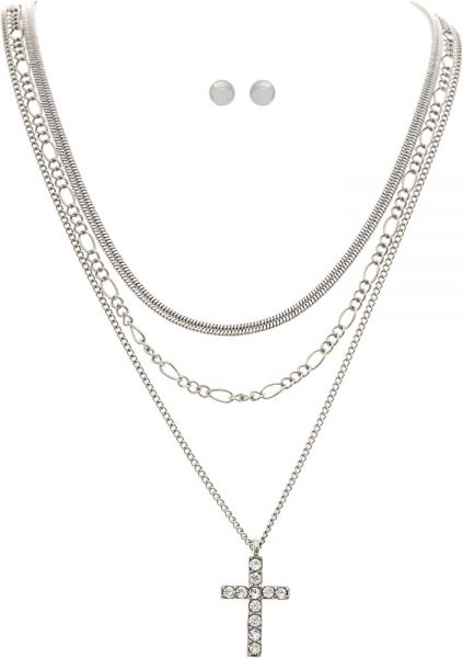 Silver Multi Piece Crystal Cross Necklace Set