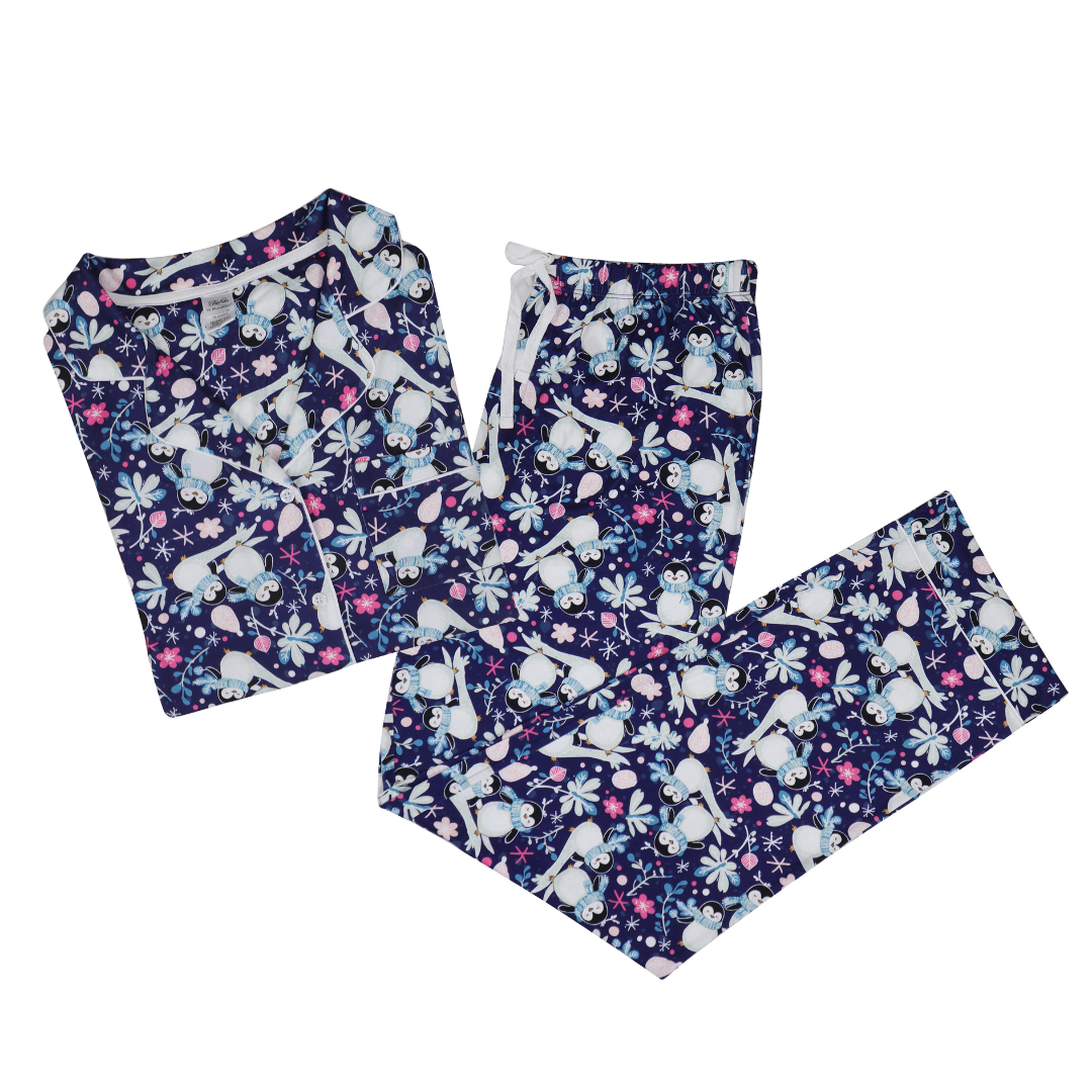 LS Sweet Winter Penguin Button Down Loungewear Set