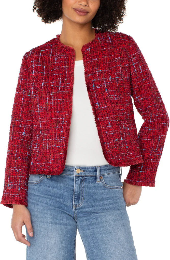 Liverpool Collarless Jacket with Frayed Edges - Red Multi Bouclé