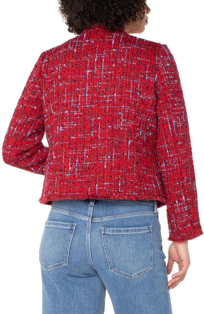Liverpool Collarless Jacket with Frayed Edges - Red Multi Bouclé
