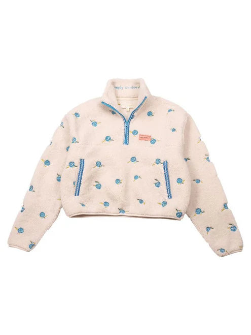Fleece Pullover w/ Blue Embroidered Flowers