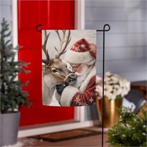 Santa Comforting Reindeer Suede Garden Flag