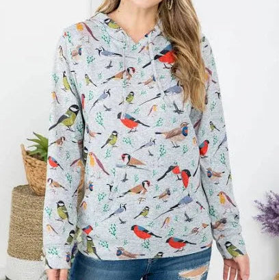 All Over Bird Print Hoodies Grey