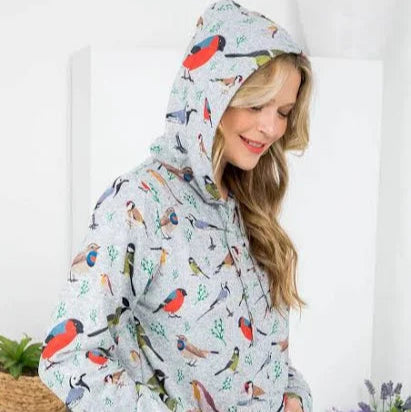 All Over Bird Print Hoodies Grey