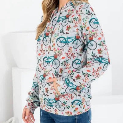 Bicycle Print Hoodie-Grey